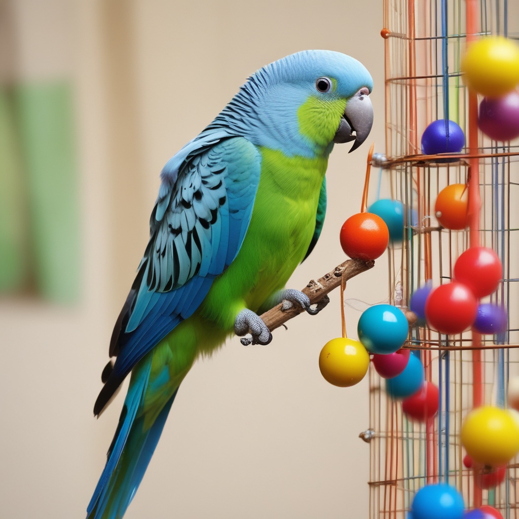 Parakeet playing with toys