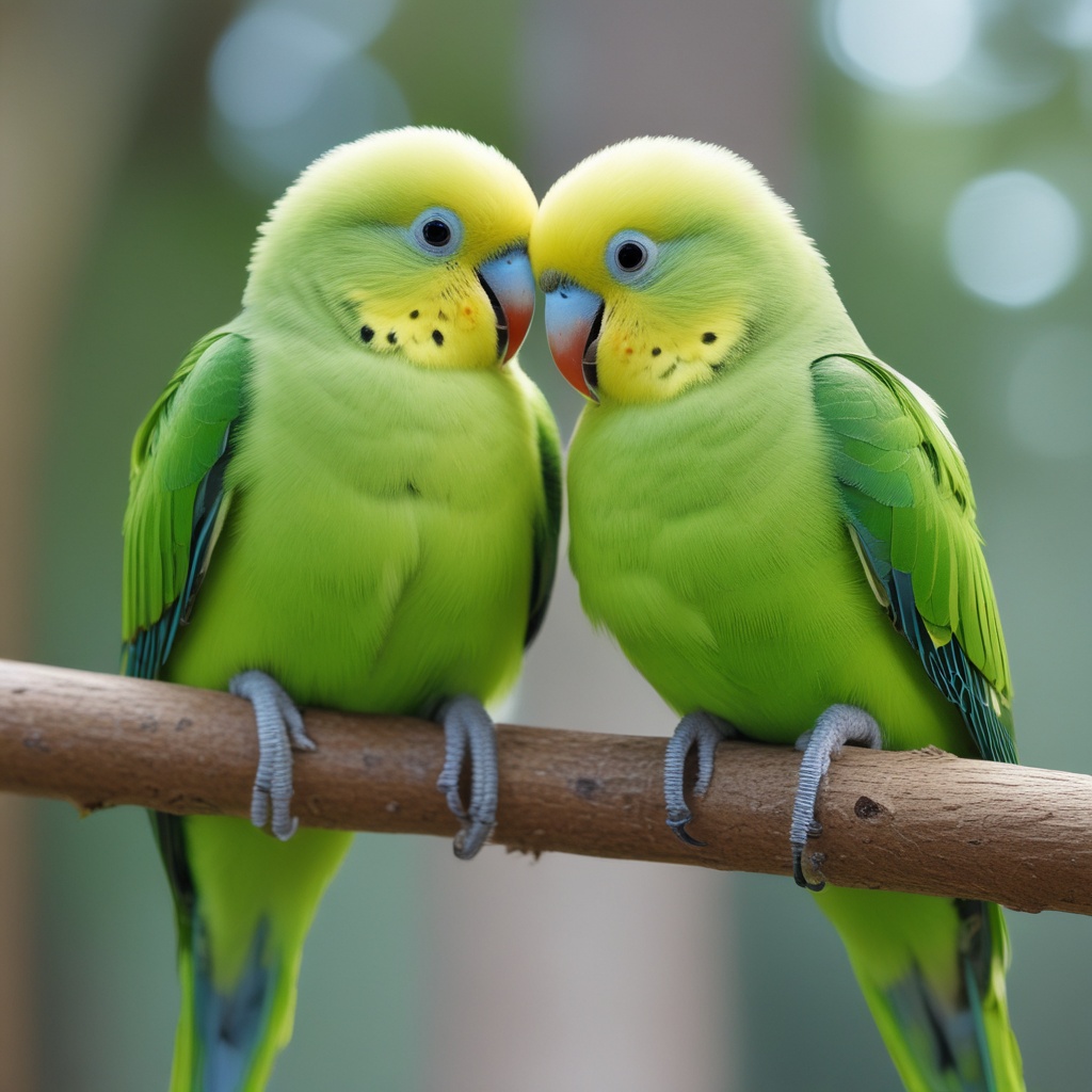 Two parakeets cuddling